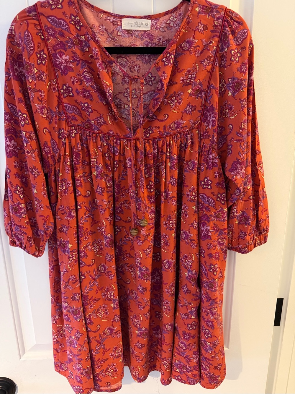 NATURAL LIFE  Boho Coral and Purple Floral V-Neck, Mini Dress Size XS - Picture 5 of 11